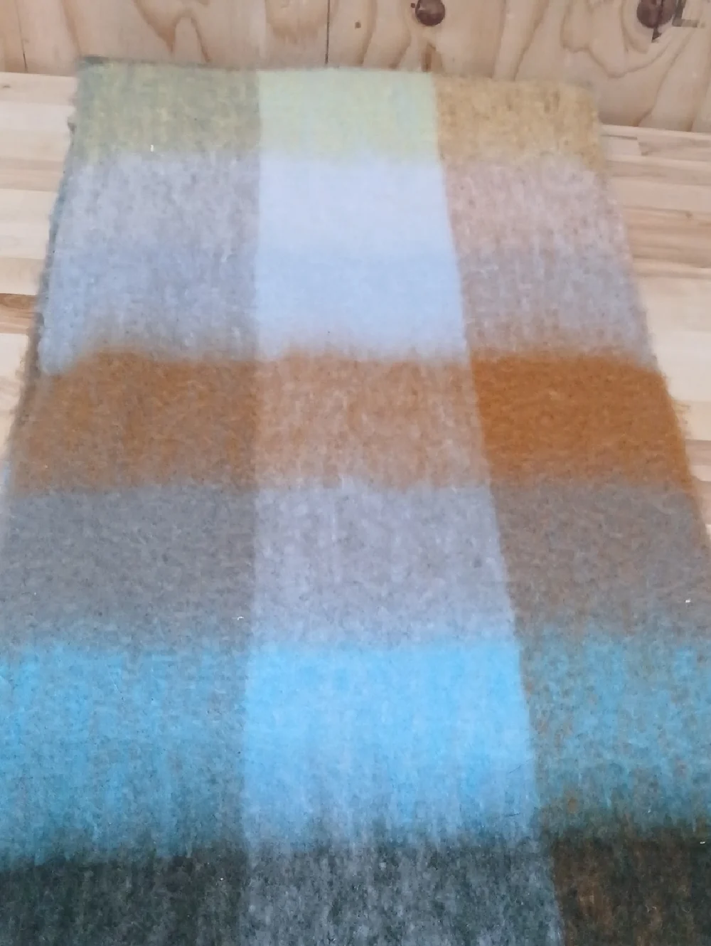 Acne Oversized Multicolor Plaid Fringe Scarf in Blue, Brown, Cream - Picture 4 of 6